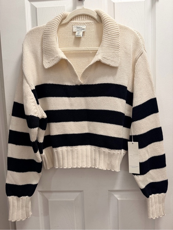 Calypso St. Barth Sweaters - Calypso St. Barth Cream and Black Striped Collared Knit Sweater